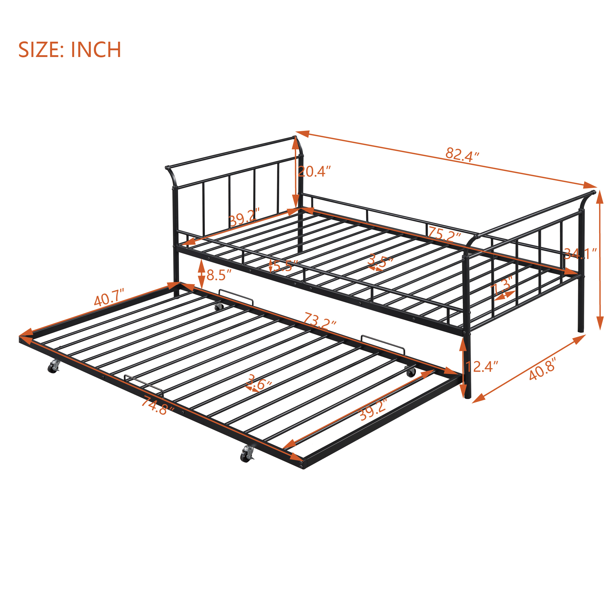 Twin Size Metal Daybed with Curved Handle Design and Twin Size Trundle 9 Twin Size Metal Daybed with Curved Handle Design and Twin Size Trundle