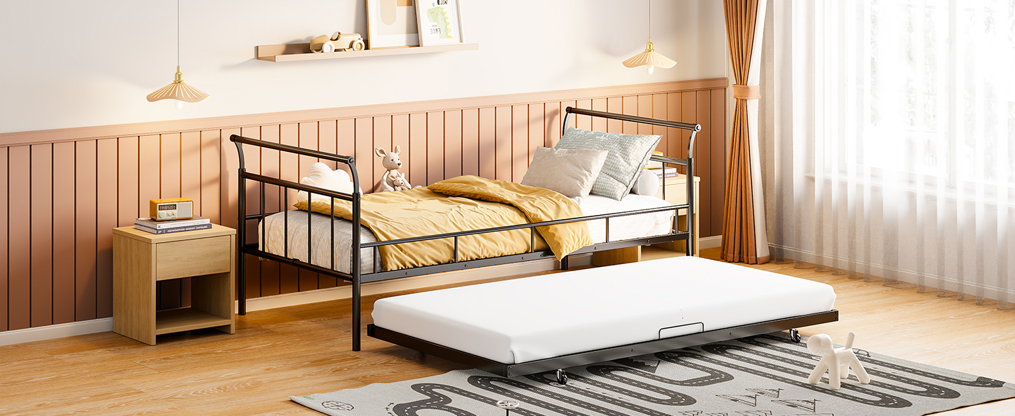 Twin Size Metal Daybed with Curved Handle Design and Twin Size Trundle 16 Twin Size Metal Daybed with Curved Handle Design and Twin Size Trundle
