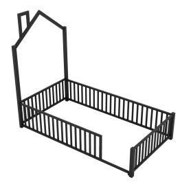 Twin Size Metal House Platform Bed with Guardrail and Chimney