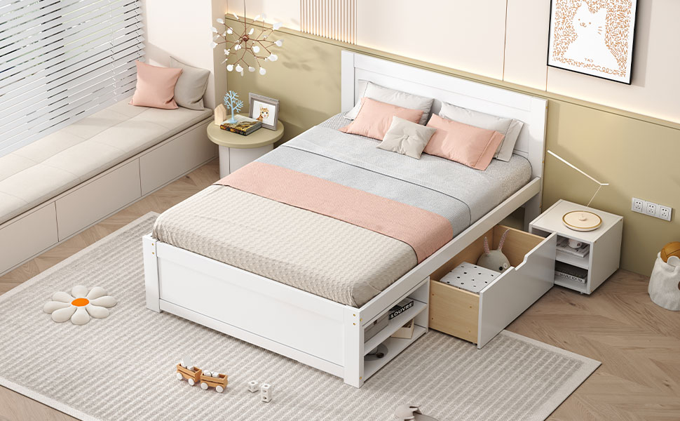 Full Size Platform Bed With Drawer And Two Shelves 8 Full Size Platform Bed With Drawer And Two Shelves