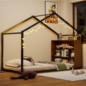 Metal Twin Size House Bed Frame with Shelves and Lights