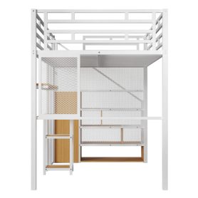 Full Size Metal Loft Bed with Wardrobe, Desk and Storage Shelves