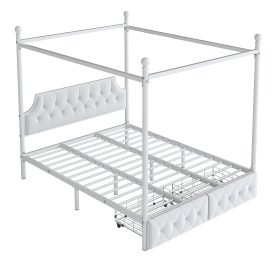 Queen Size Metal Canopy Platform Bed with Upholstered Headboard and Two Storage Drawers