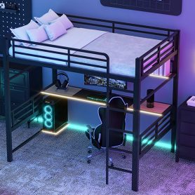 Full Size Metal Loft Bed Frame with Storage Shelf and LED Light