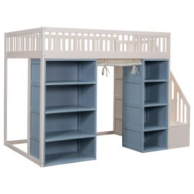 Full Size Loft Bed with 2 Four-layer Storage Cabinets and Curtain
