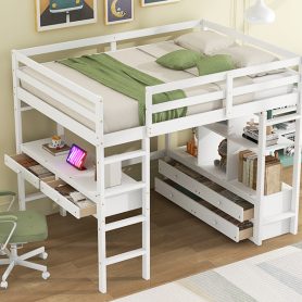 Full Size Loft Bed with Built-in Desk with Two Drawers and Storage Shelves 32 Full Size Loft Bed with Built-in Desk with Two Drawers and Storage Shelves