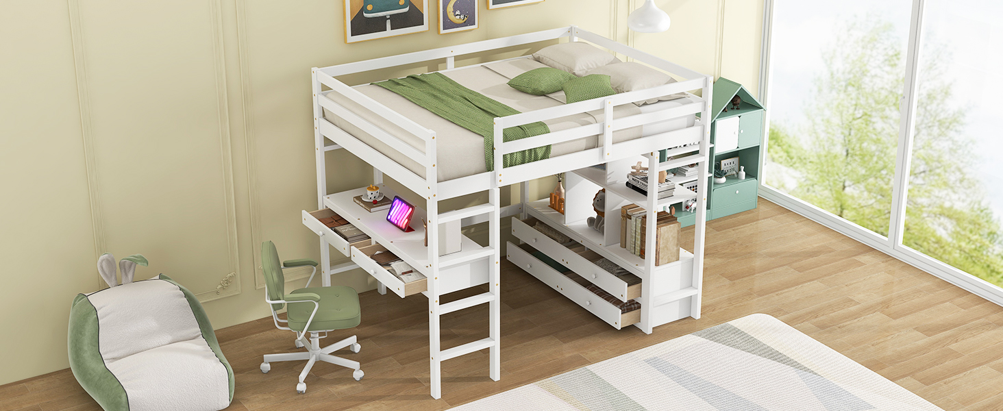 Full Size Loft Bed with Built-in Desk with Two Drawers and Storage Shelves 9 Full Size Loft Bed with Built-in Desk with Two Drawers and Storage Shelves