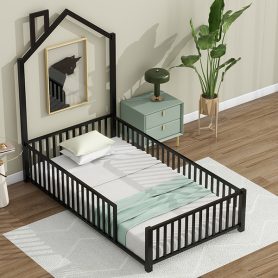 Twin Size Metal House Platform Bed with Guardrail and Chimney
