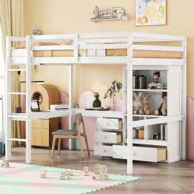 Full Size High Loft Bed with Desk, Storage Shelves and Drawers, Built-in Ladder