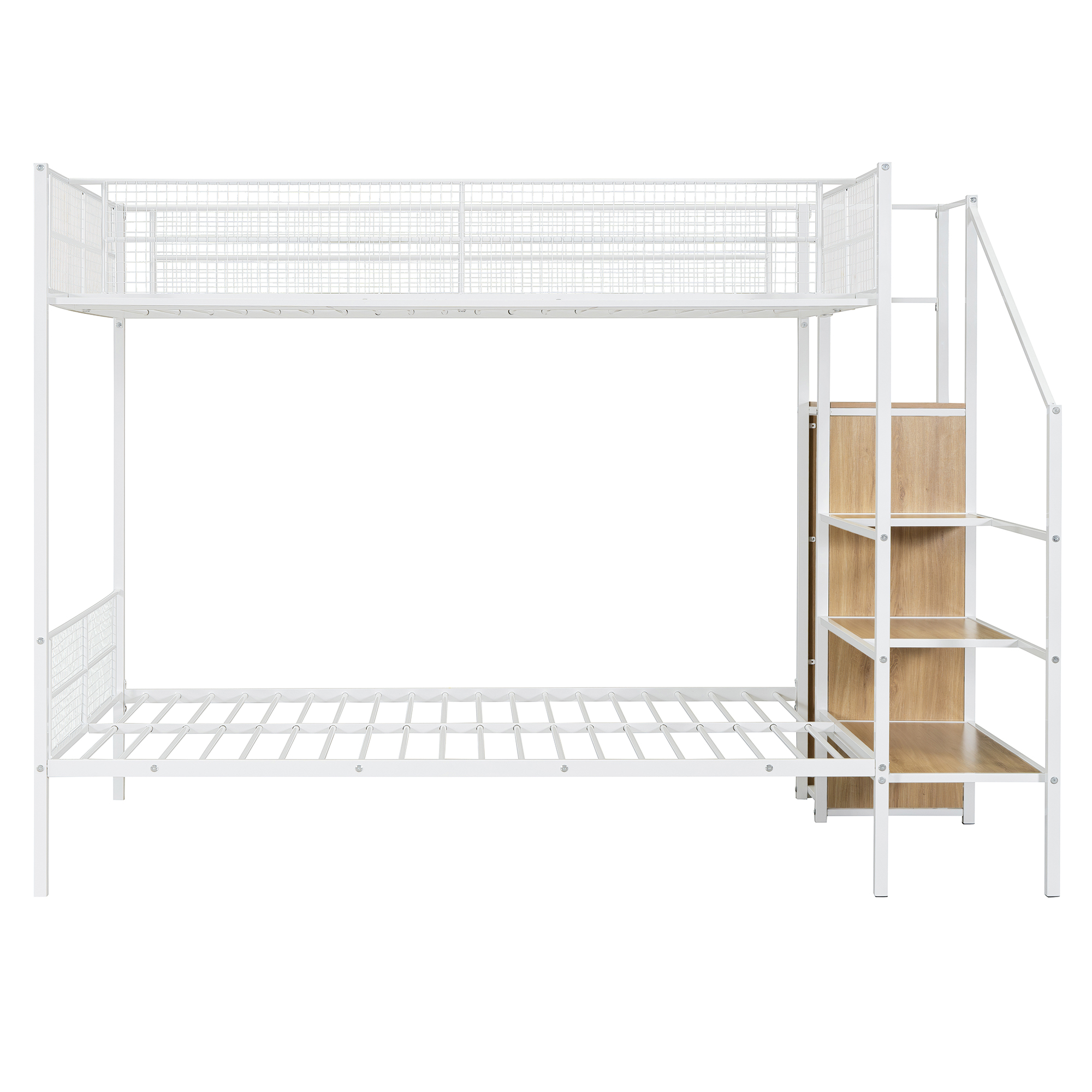 Twin Over Full Metal Bunk Bed with Wire Shelving and Lateral Storage Ladder and Wardrobe 5 Twin Over Full Metal Bunk Bed with Wire Shelving and Lateral Storage Ladder and Wardrobe