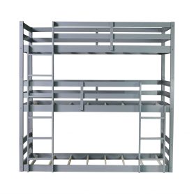 Detachable Triple Rubber Wood Bunk Bed With Two Built-in Ladders, Guardrails 23 Detachable Triple Rubber Wood Bunk Bed With Two Built-in Ladders, Guardrails