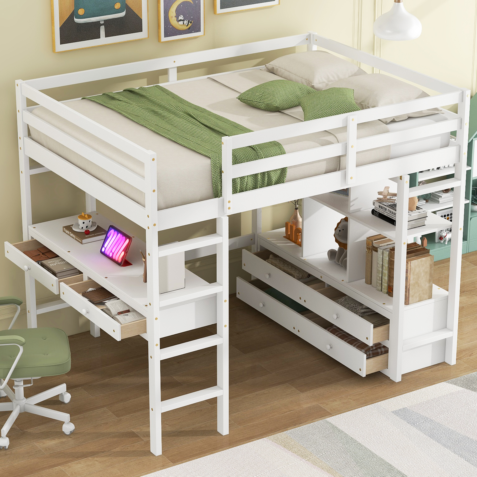 Full Size Loft Bed with Built-in Desk with Two Drawers and Storage Shelves 5 Full Size Loft Bed with Built-in Desk with Two Drawers and Storage Shelves