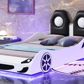 Wood Twin Size Race Car-Shaped Platform Bed with LED and Upholstered Backrest