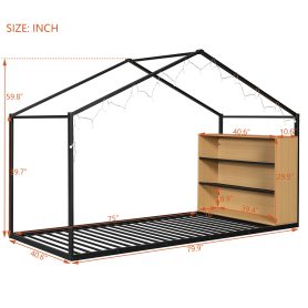 Metal Twin Size House Bed Frame with Shelves and Lights