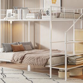 Twin Over Full Metal Bunk Bed with Wire Shelving and Lateral Storage Ladder and Wardrobe 29 Twin Over Full Metal Bunk Bed with Wire Shelving and Lateral Storage Ladder and Wardrobe