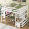Full Size Loft Bed with Built-in Desk with Two Drawers and Storage Shelves