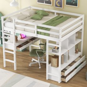 Full Size Loft Bed with Built-in Desk with Two Drawers and Storage Shelves