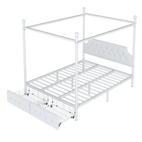 Queen Size Metal Canopy Platform Bed with Upholstered Headboard and Two Storage Drawers