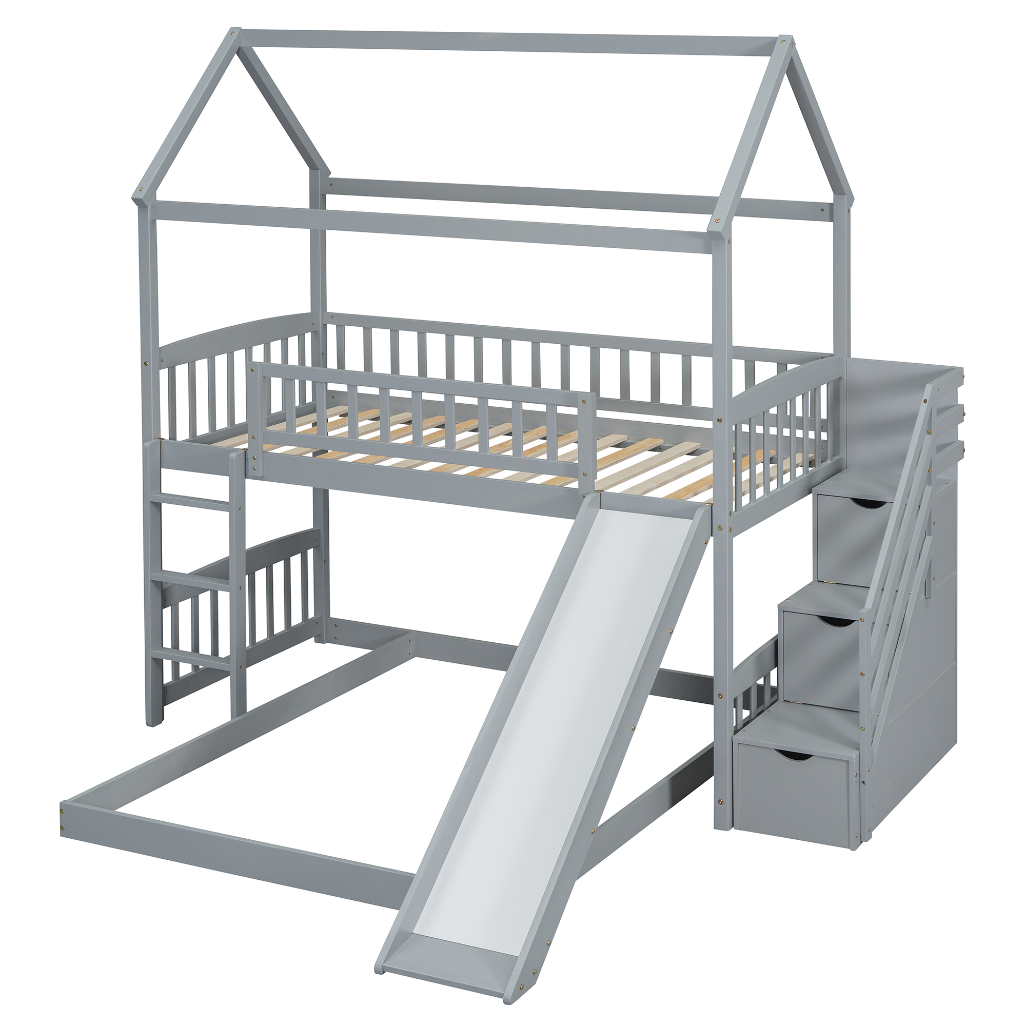 House Shape Twin Over Twin Bunk Bed With Two Drawers, Staircase And Slide 8 House Shape Twin Over Twin Bunk Bed With Two Drawers, Staircase And Slide