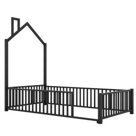 Twin Size Metal House Platform Bed with Guardrail and Chimney