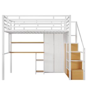 Full Size Metal Loft Bed with Wardrobe, Desk and Storage Shelves