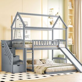 House Shape Twin Over Twin Bunk Bed With Two Drawers, Staircase And Slide 50 House Shape Twin Over Twin Bunk Bed With Two Drawers, Staircase And Slide