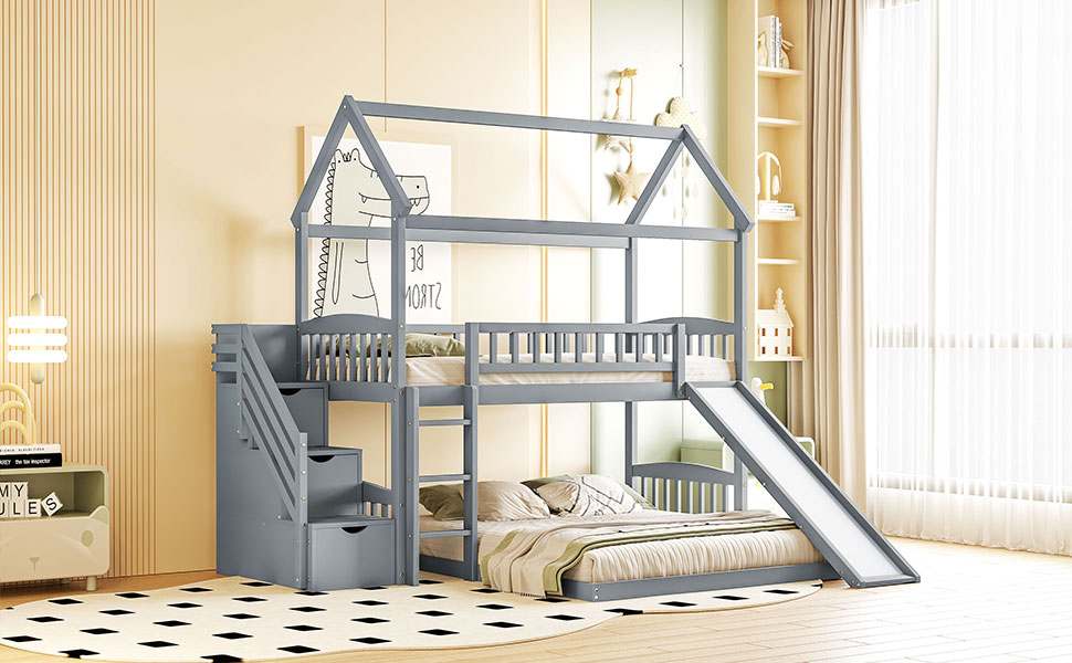 House Shape Twin Over Twin Bunk Bed With Two Drawers, Staircase And Slide 25 House Shape Twin Over Twin Bunk Bed With Two Drawers, Staircase And Slide