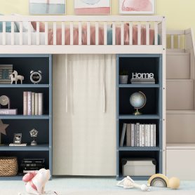 Full Size Loft Bed with 2 Four-layer Storage Cabinets and Curtain