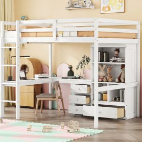 Full Size High Loft Bed with Desk, Storage Shelves and Drawers, Built-in Ladder 54 Full Size High Loft Bed with Desk, Storage Shelves and Drawers, Built-in Ladder