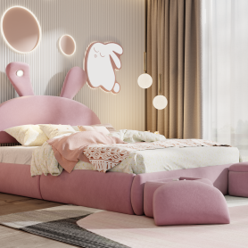 Full Size Upholstered Platform Bed with Cartoon Ears Shaped Headboard and Light