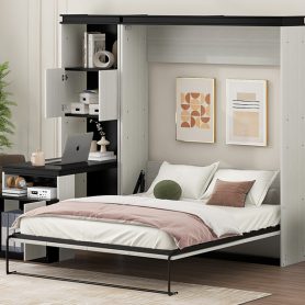 Full Size Murphy Bed with Desk, Storage Shelves and Cabinets