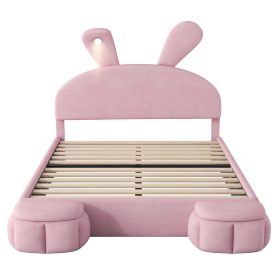 Full Size Upholstered Platform Bed with Cartoon Ears Shaped Headboard and Light