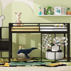 Twin Size Metal Low Loft Bed Frame With Storage Staircase And Iron Mesh