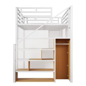 Full Size Metal Loft Bed with Wardrobe, Desk and Storage Shelves