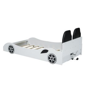 Wood Twin Size Race Car-Shaped Platform Bed with LED and Upholstered Backrest