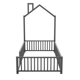 Twin Size Metal House Platform Bed with Guardrail and Chimney