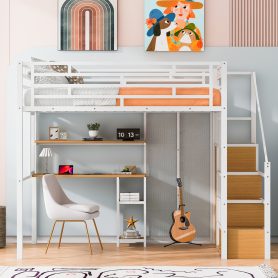 Full Size Metal Loft Bed with Wardrobe, Desk and Storage Shelves