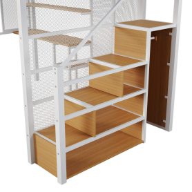 Full Size Metal Loft Bed with Wardrobe, Desk and Storage Shelves