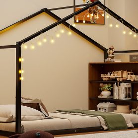 Metal Twin Size House Bed Frame with Shelves and Lights