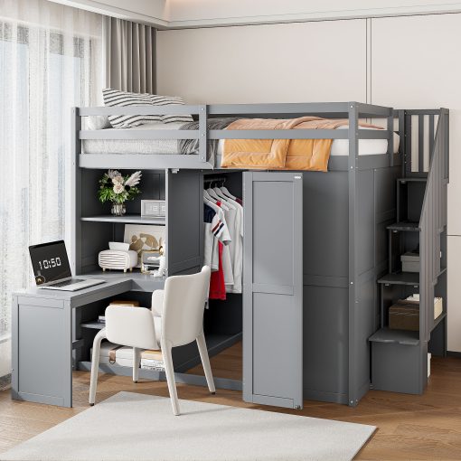 Full Size Bunk Bed With Wardrobe, Desk And Shelves