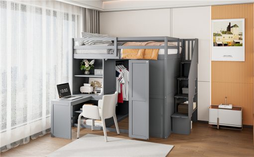 Full Size Bunk Bed With Wardrobe, Desk And Shelves