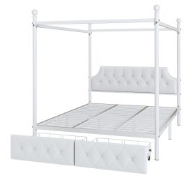 Queen Size Metal Canopy Platform Bed with Upholstered Headboard and Two Storage Drawers