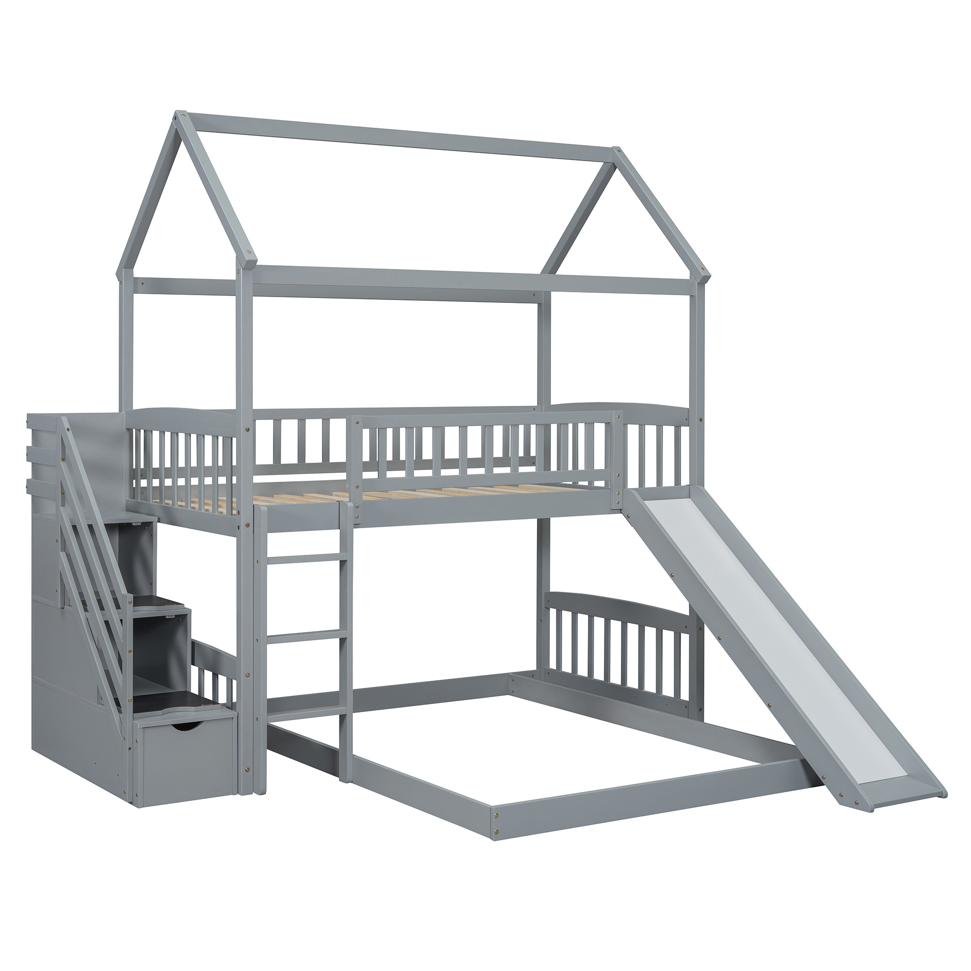 House Shape Twin Over Twin Bunk Bed With Two Drawers, Staircase And Slide 11 House Shape Twin Over Twin Bunk Bed With Two Drawers, Staircase And Slide