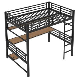 Full Size Metal Loft Bed Frame with Storage Shelf and LED Light