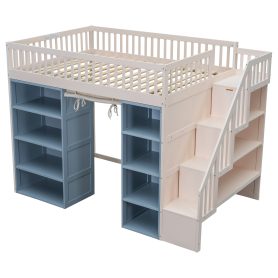 Full Size Loft Bed with 2 Four-layer Storage Cabinets and Curtain