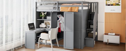 Full Size Bunk Bed With Wardrobe, Desk And Shelves