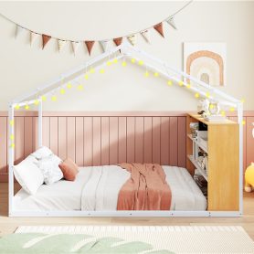 Metal Full Size House Bed Frame with Shelves and Lights