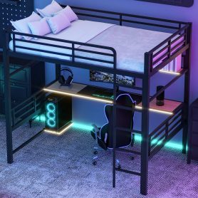 Full Size Metal Loft Bed Frame with Storage Shelf and LED Light