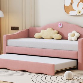 Twin Size Upholstered Daybed with Wave-shaped Trundle