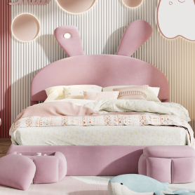 Full Size Upholstered Platform Bed with Cartoon Ears Shaped Headboard and Light